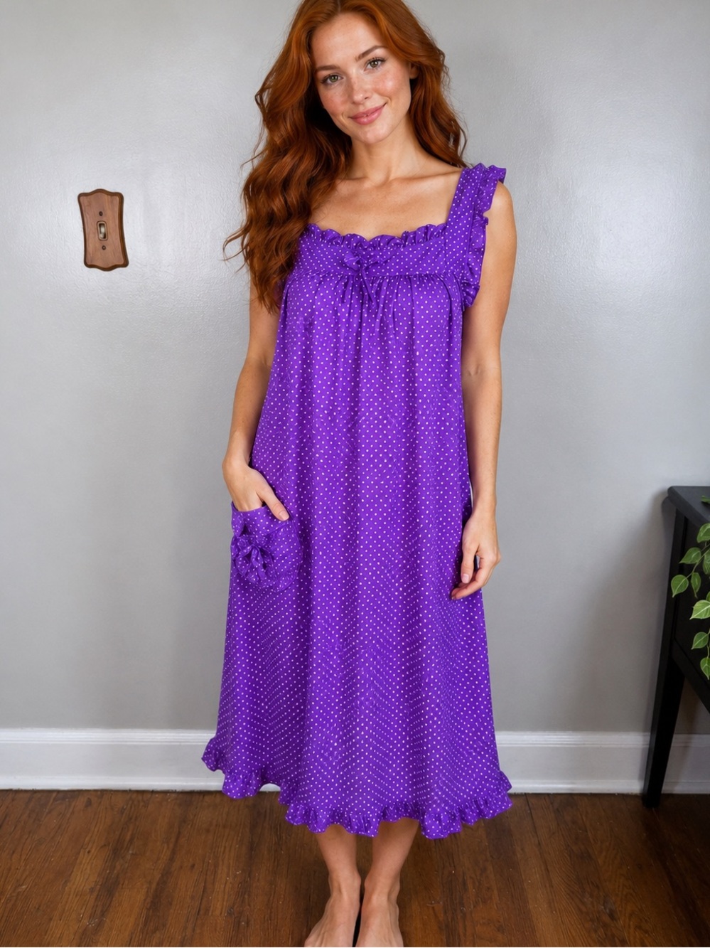 Dreamcrest Purple Swiss Polka Dot Sleeveless Nightgown Sz M Front Pocket Midi